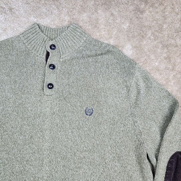 Chaps Henley Sweater Men's Large Long Sleeve Green Ribbed Hem Elbow Patch - Picture 2 of 7